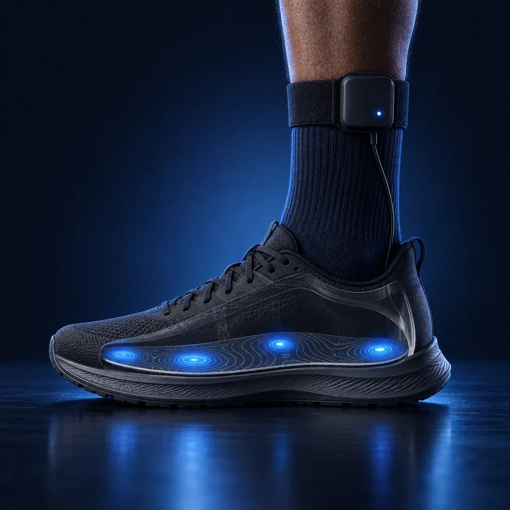 Mirai Tech insole in a running shoe, plugged into the motion module on the shin
